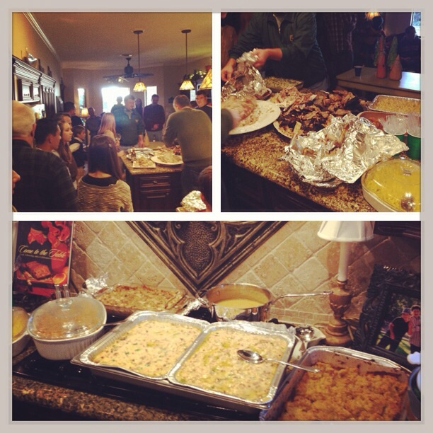 The crowd, the turkies and the sides.