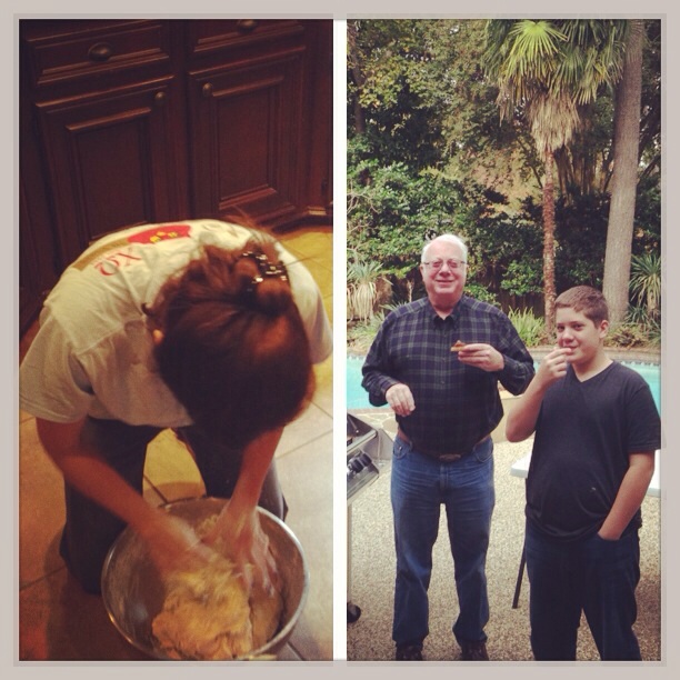 Me making my Sweetgraw's famous rolls (getting better every year...)...and Seth and Papa having their traditional fired gizzards (yuk!)