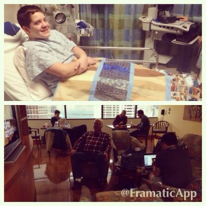 Seth before the procedure covered by his St. Martha's Prayer Quilt and my parents and Neal's parents dominating the waiting room!