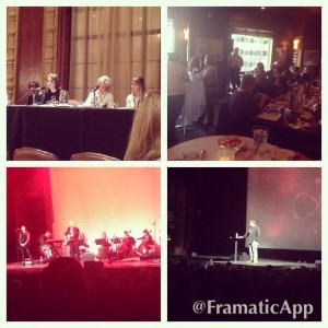 Women's panel top left corner, Human Trafficking Networking Event top right, Donald Miller (author of Blue Like Jazz) keynoting main conference bottom right, and 