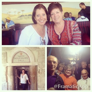 My mom and I at lunch in Bethlehem. The doorway to the church where they have the manger of Christ's birth. And our group waiting to go down the very narrow path into the lower part of the church where the spot of the 'manger' was...(or there abouts)